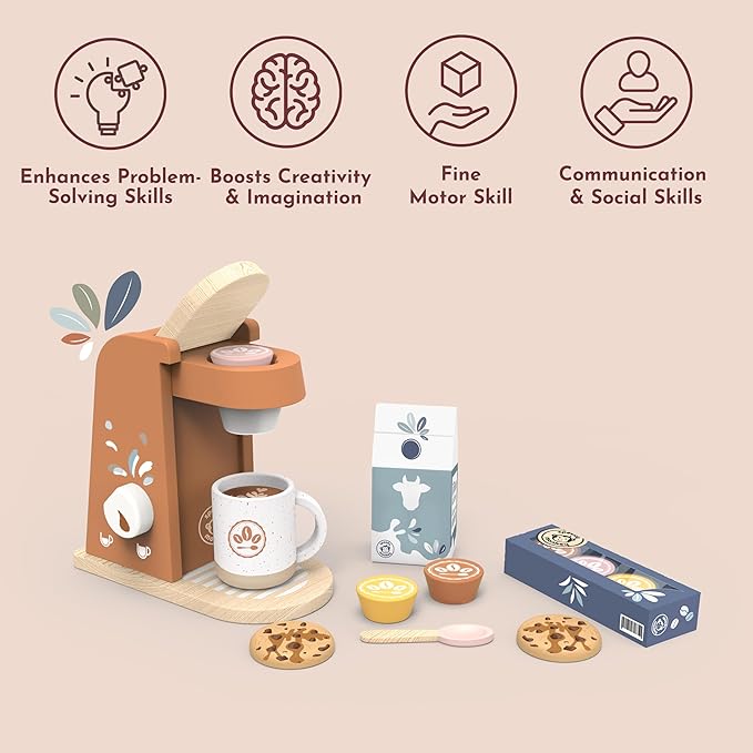 Speedy Monkey Wooden Kids Coffee Machine Playset – FSC Certified Pretend Play Espresso Maker, Barista Role Play Café Set Toy for Toddlers, Boys & Girls, Coffee Grinder with Cups & Kitchen Accessories