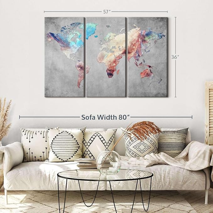 ElephantStock Artistic Touch World Map Multi Piece Canvas - 3 Panel Wall Decor - Map of the World Art - Canvas for the Office and Home - 57" X 36"