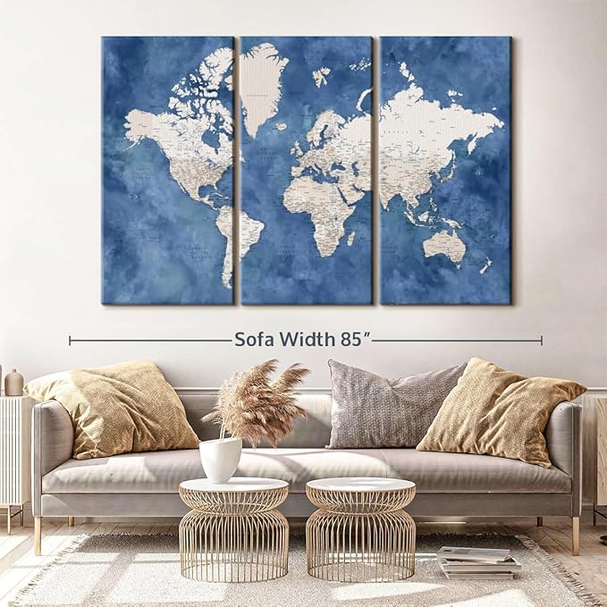 ElephantStock Detailed World Map With Cities I Wall Art - Horizontal Canvas - 3-Piece Living Room Decor - Watercolor Map Canvas Print - Beige and Blue Wall Decor by Blursbyai - 74" X 48"