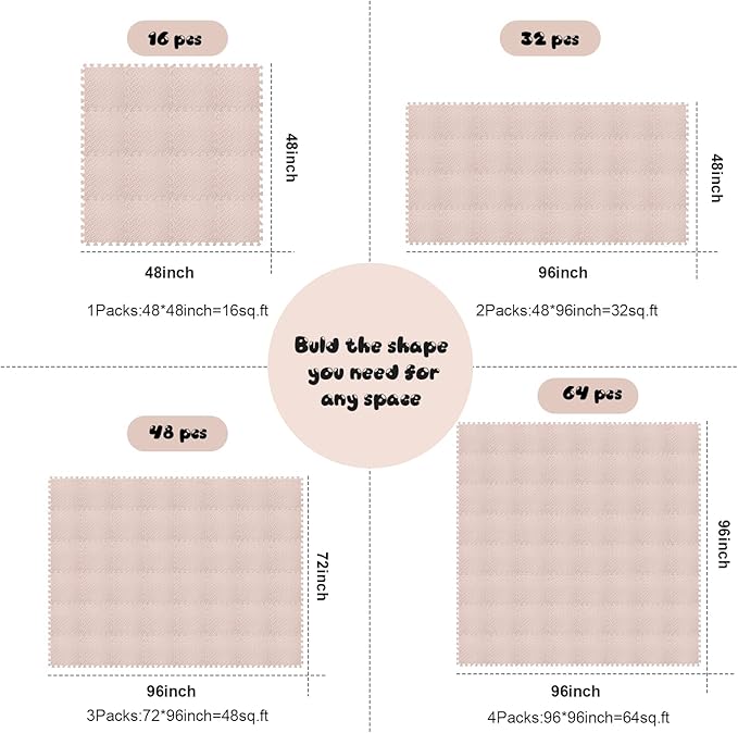 Shihanee Foam Floor Baby Tiles Foam Floor Mats Play Mats Bulk with Borders Interlocking for Kids Baby Playroom Nursery Gym (Beige,64ft)