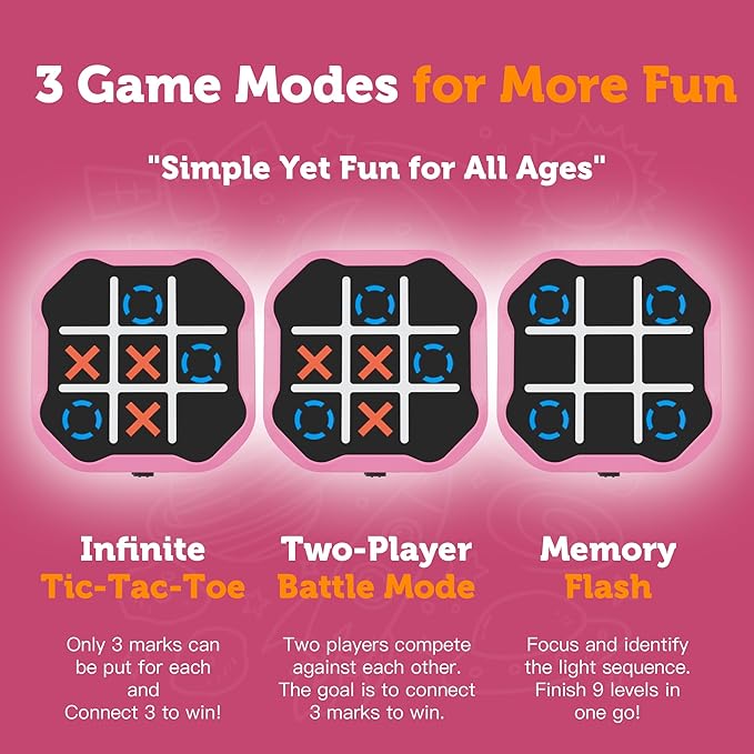 3-in-1 Electronic Tic Tac Toe Game, Handheld Travel Toy with Silent Mode, Fun for Kids and Adults, Pink