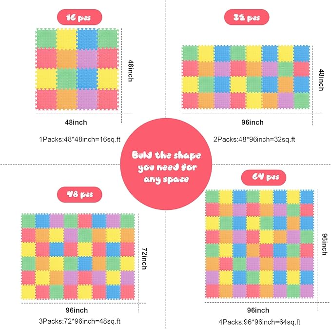 Shihanee 16 Pcs Foam Floor Baby Tiles 11.81 x 11.81 inches Foam Floor Mats Play Mats Bulk with Borders Interlocking for Kids Baby Playroom Nursery Gym（Colorful）