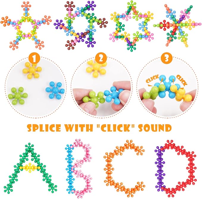 Snowflake Interlocking Building Block Educational Toy 300PCS for Kids Ages 3+, Multi-Color Solid Plastic Early Learning Creativity STEM Toy with Carrying Case Safe Material