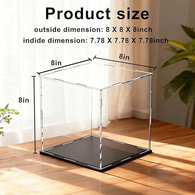 8 Inch Acrylic Case for Display, Clear Display Acrylic Box for Collectibles, Alternative Glass Case with Matt Black Stand for Display Action Figures
