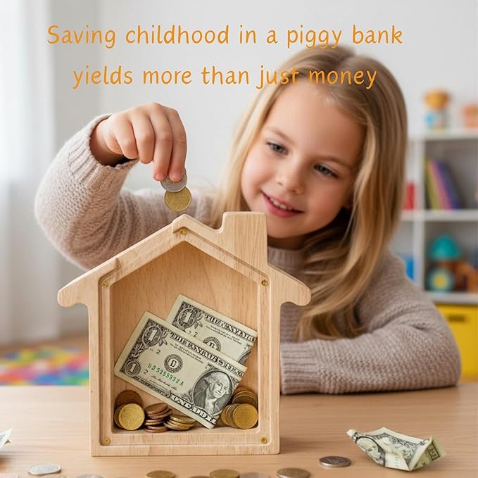 Wooden House Shaped Piggy Bank Transparent Acrylic Panel Coin Savings Box Personalized Money Bank for Kids Boys Girls Adults, Birthday Home Décor