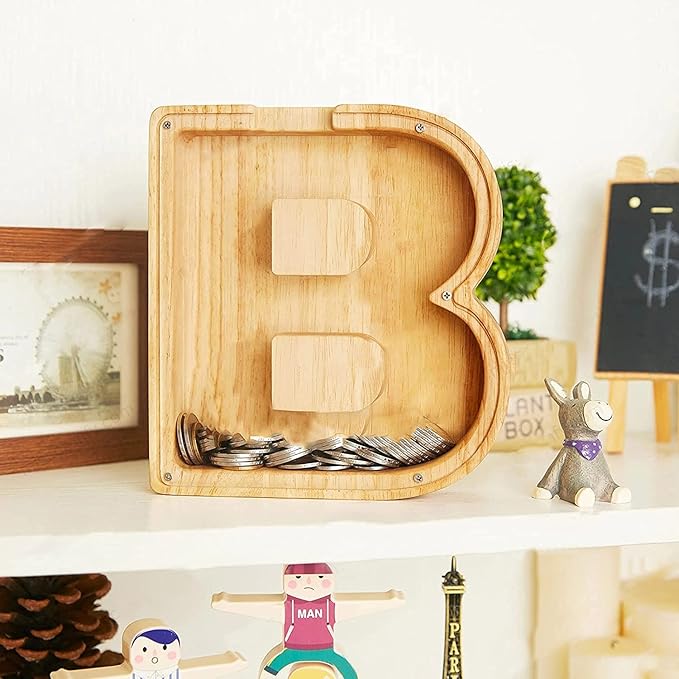Twenty-six English Alphabet A-Z Letter Piggy Bank,Large-Capacity Transparent Wooden Alphabet Piggy Bank，Personalized Coin Savings Box, Name DIY Creative Purchase Combination.