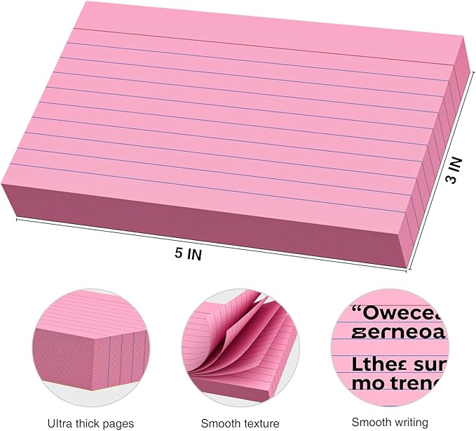 250 Count Index Cards 3x5 Inch 180gsm, Heavy Weight Pink Color Flash Card (50 Sheets Each), Note Taking for Students, Teachers, Professionals, Study Note Cards for Office Home School