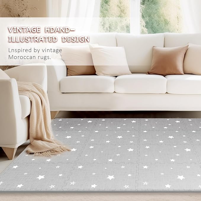 Extra Large Baby Play Mat - 4FT x 6FT Non-Toxic Foam Puzzle Floor Mat for Kids & Toddlers (Grey/White Star)