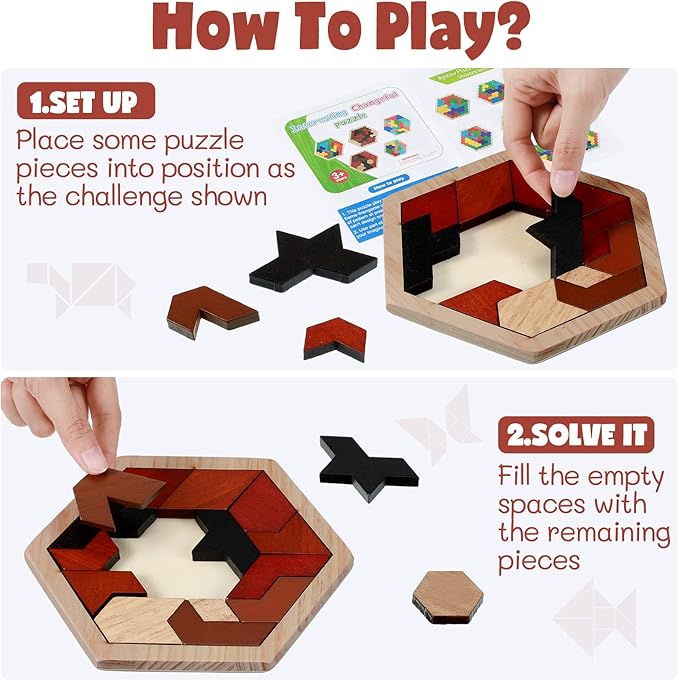 Yunsailing 3 Pack Hexagon Wooden Puzzle Wood Russian Blocks Tangram Puzzle Brain Teaser Puzzles Geometric Jigsaw Block Russian Blocks Logic IQ STEM Toy for All Ages Kid Adult(Vintage)