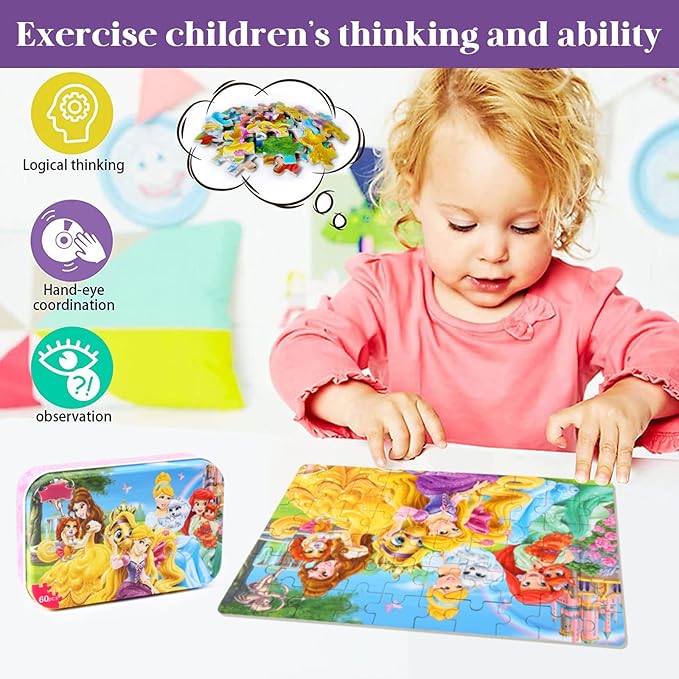 Princess Puzzles for Kids Ages 4-8, 60 Pieces for Kids Ages 3-5 Princess Puzzle for Girls and Boys Toys Jigsaw Puzzles in a Metal Box Educational Puzzles (Princess)