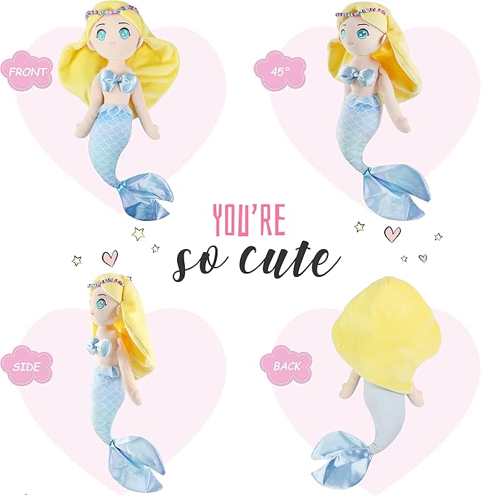 Athoinsu Mermaid Princess Stuffed Animal Soft Plush Toy Doll Birthday Children's Day for Toddlers Girls, Yellow, 15.5''