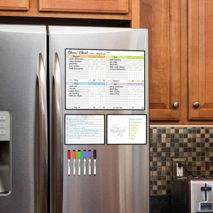 JJPRO Magnetic Dry Erase Chore Chart Set for Fridge-Used for Multiple Kids-One Chore Chart and Two Bonus Dry Erase Pad/Grocery Boards-Behavior Chart for Multiple Kids