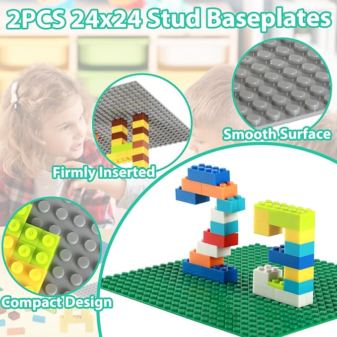 1500PCS Building Bricks, Classic Bulk Building Blocks with 2 Pack 24x24 Studs Baseplates, Compatible with All Major Brands