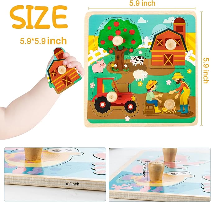 Wooden Toddler Puzzles - 4 Pcs Eco-Friendly Animal Patterns Jigsaw With Handles - Infant Kid Fine Motor Skill Learning Educational Montessori Toys for 1-3 Years Old