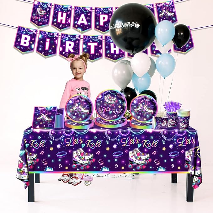 Roller Skating Party Supplies,142Pcs Roller Skating Party Decorations Tableware Set Include Plates Napkins Cups Banner Tablecloth for Let's Roll Birthday Birthday Party Decorations, Serve 20