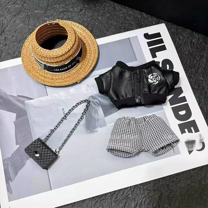 Clothes for Labubu(No Doll) – Cute 4-Piece Straw Hat,Premium Jacket with Chain Bag,Chic Fashion Accessories Set Compatible with 17cm Collectible Figures Stylish Clothes for Boys Girls Birthday