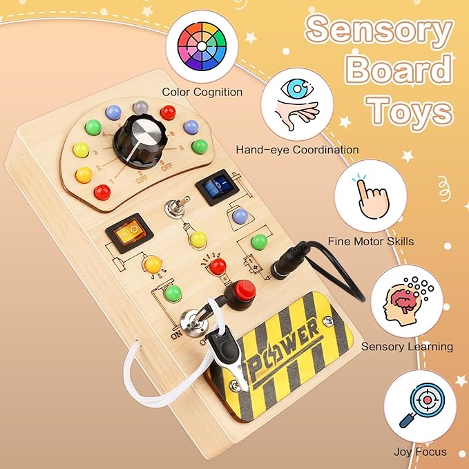 Dreamon Montessori Wooden Busy Board with 15 Led Lights - Baby Sensory Toys Light Switch Travel Toys for Ages 2-4 - Preschool Learning Activities Christmas & Birthday Gifts for Toddlers 18M+