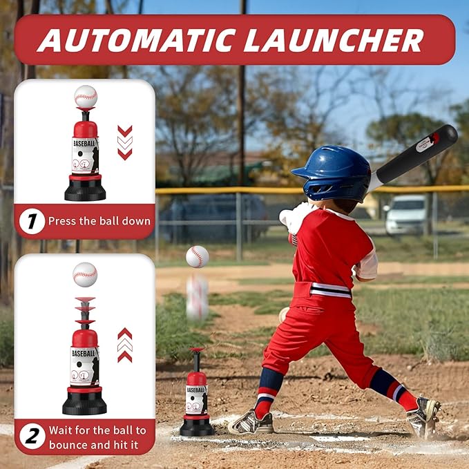 4 in 1 T-Ball Sets for Kids 3-5 with Toss and Catch Ball, Toddler Baseball with Auto Pitching Machine/6 Balls, Outdoor Sport Toys Gifts for Boys Girls