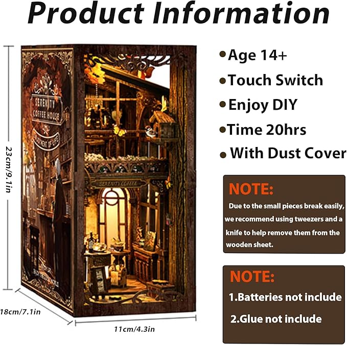 ISSEVE Book Nook Kit, DIY 3D Wooden Puzzle Dollhouse Booknook for Adults, Tiny Miniature House Kit Bookshelf Decor with LED Light and Dust Cover, Gifts for Family and Friends (Coffee House)