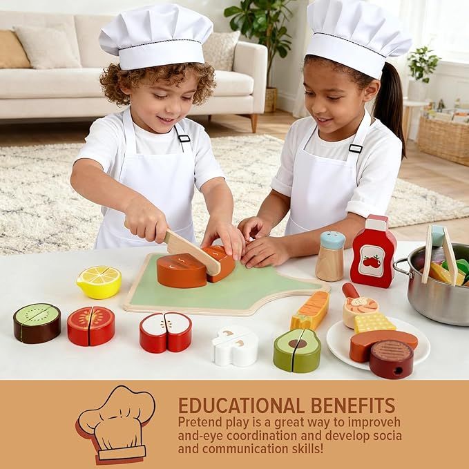 Wooden Play Food Set for Toddlers,Cutting Food for Preschool Activities, Pretend Play Kitchen Accessories for Kids, Fake Food Kitchen Toys for Boys & Girls