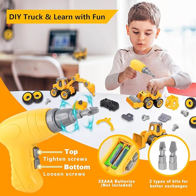 Take Apart Construction Truck Excavator Toys for Kids Ages 3-8, STEM Learning Building Toys with Electric Drill & Puzzle Play, Educational Engineering Birthday for Boys Kids Toddlers
