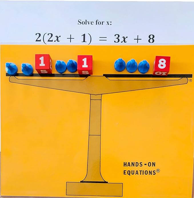 Hands-On Equations® Class Set for Teacher and 10 Students. Includes The Teacher Demonstration Balance Scale and Game Pieces and 10 Sets of Student Manipulatives. Grade 3 and up.