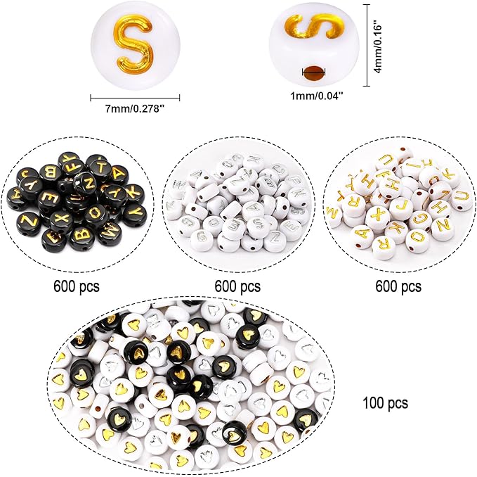 1900pcs Letter Beads, DECYOOL Acrylic Alphabet Beads with 1 Roll Elastic String for Bracelet Necklace Jewelry Making Supplies (Gold&Silver&Black)