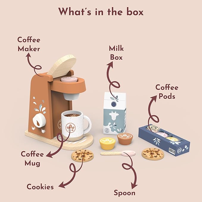 Speedy Monkey Wooden Kids Coffee Machine Playset – FSC Certified Pretend Play Espresso Maker, Barista Role Play Café Set Toy for Toddlers, Boys & Girls, Coffee Grinder with Cups & Kitchen Accessories