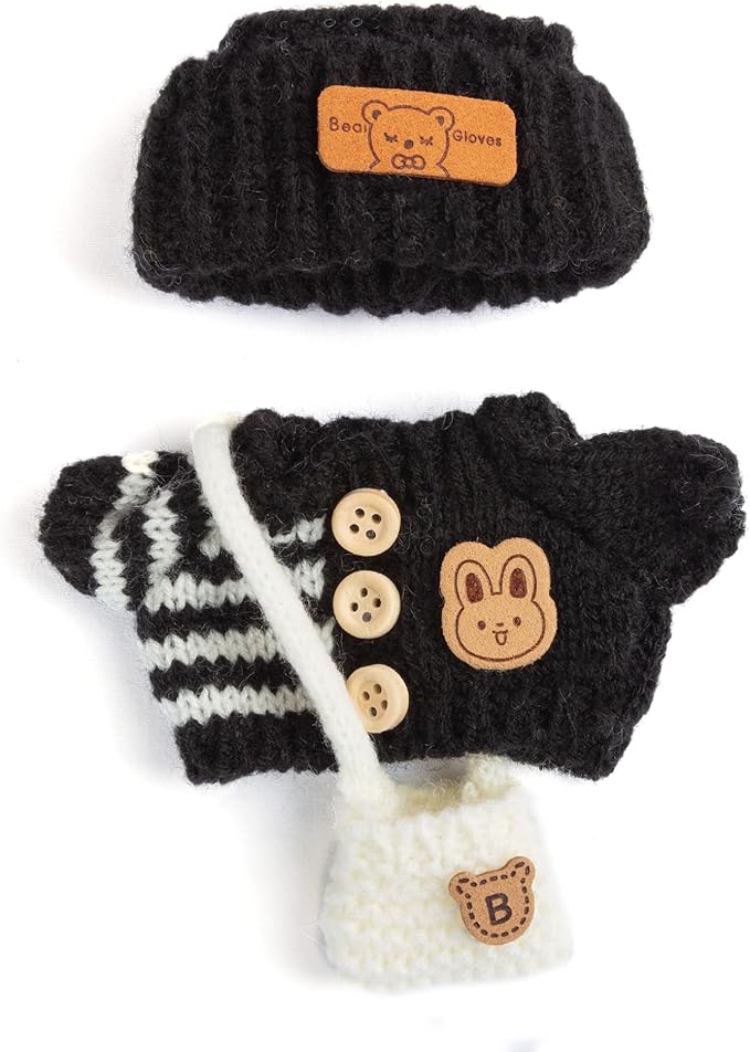 17cm Doll Outfits for Labubu - Kawaii Chic Style Set for 17cm Dolls, Cute Doll Clothes with Accessories -Button Up Stripe Black Sweater + Black Hat + White Bag (Clothes Only)