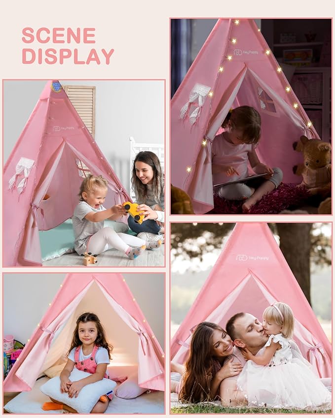 3 Pack Teepee Tent for Kids with Inflatable Airbed, Light, Toddler Tent Children Room Tents, Slumber Party Sleepover Tents, Indoor Outdoor Kids Playtent Playhouse for Girls & Boys