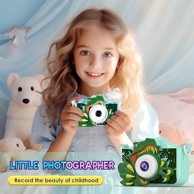 Dinosaur Camera for Kids with Cartoon Silicone Cover, Digital Mini Camera Toys for 3 4 5 6 7 8 9 10 11 12 Year Old Boys Girls Birthday Chirstmas Gifts Ideas - Personal Video Players (T-REX Green)