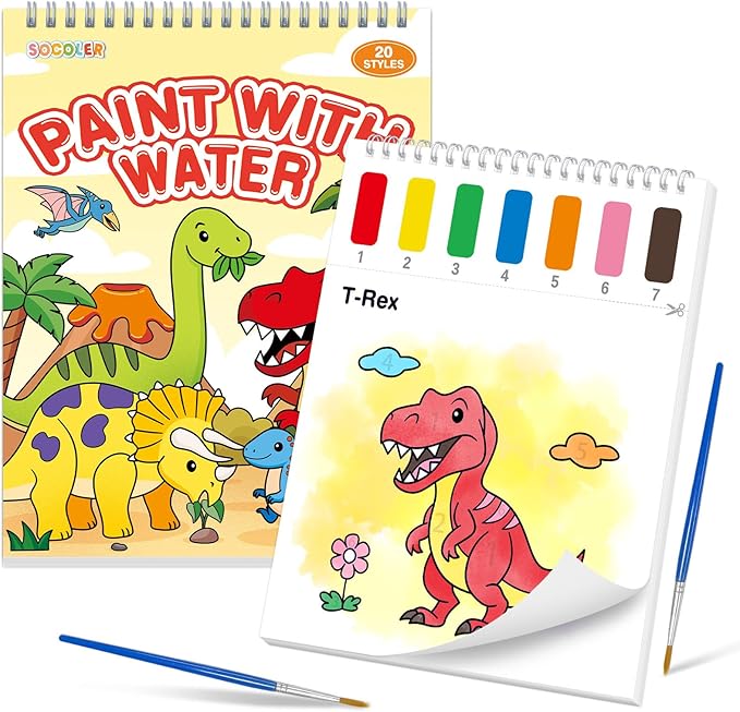 Paint with Water Coloring Books for Toddlers,Mess Free Watercolor Painting Papers for Kids Water Color Paint Kit Art Craft Birthday Gift for Ages 1-3,4-8(Dinosaurs)