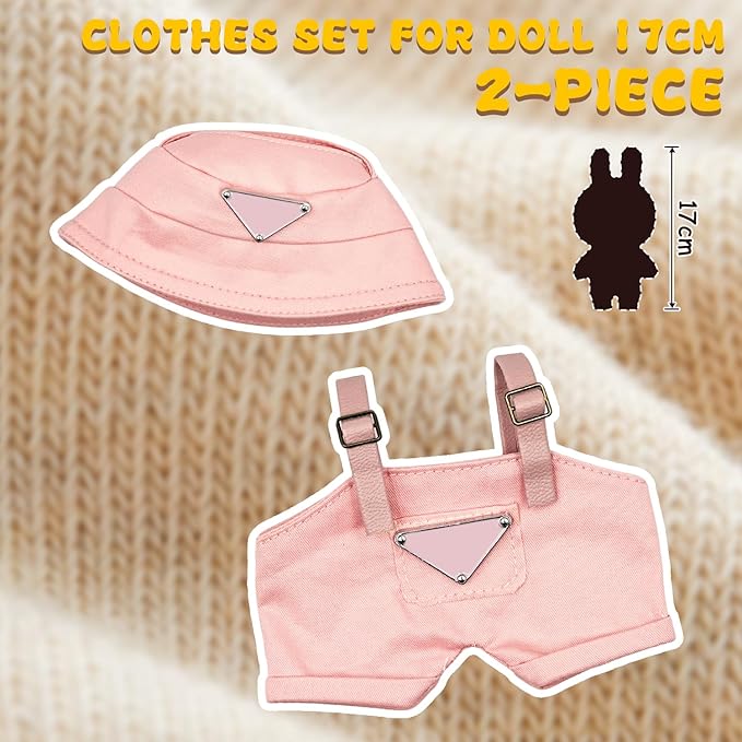 Clothes for 6.7in Plush Doll(NO Doll), Hat & Overalls Set with Triangular Badge, Handcrafted 2-Piece Clothes Set, Fashion Cute Outfit for Dolls Accessories(Pink)