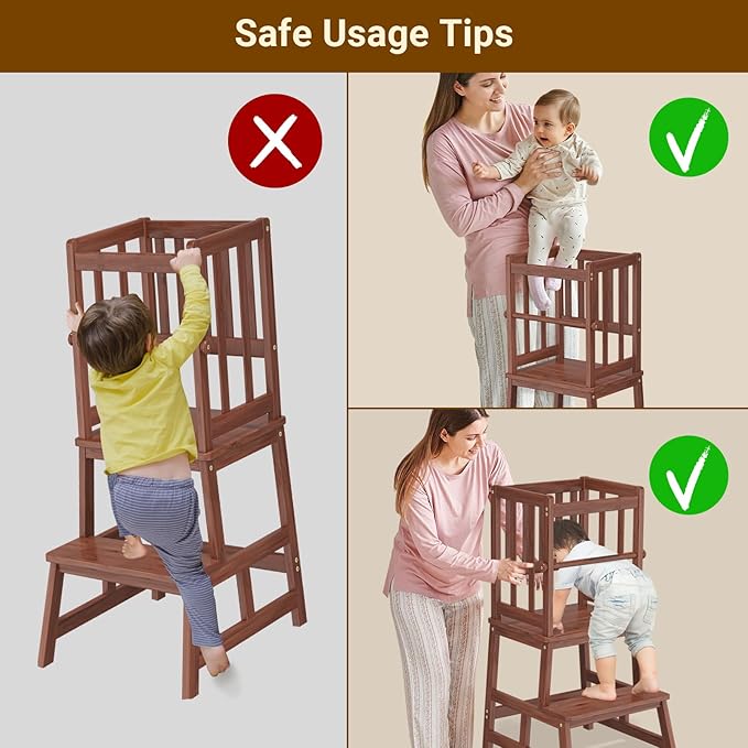 COSYLAND Toddler Kitchen Stool Helper – Stable A-Frame Design Kids Kitchen Step Stool with Protective Crossbar – Wooden Toddler Standing Tower for Learning in Bathroom (Brown)