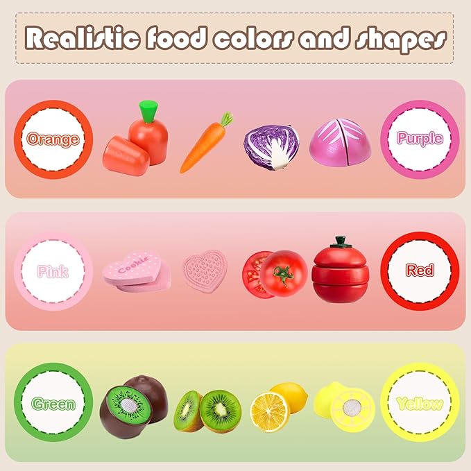 Play Kitchen Accessories, Wooden Play Food, Pretend Kitchen Cutting Fruit Vegetables Toys for Toddlers 3+ Years with Basket, Educational Toddler Toys for Fine Motor Skills, Gift for Boys Girls