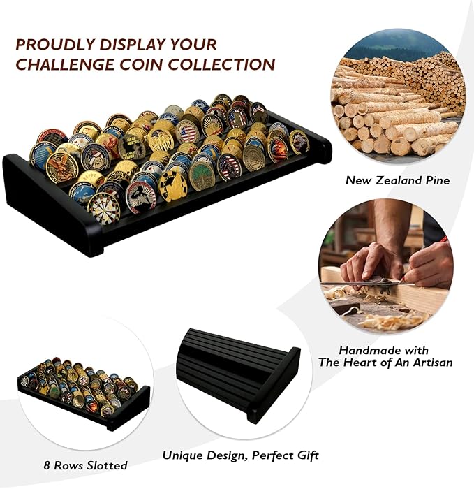 8 Rows Wooden Challenge Coin Display Holder for Countertop - 2 Tiers Military Coin Rack Stand Holds 60-70 Coins for Army Police Collectors, Black