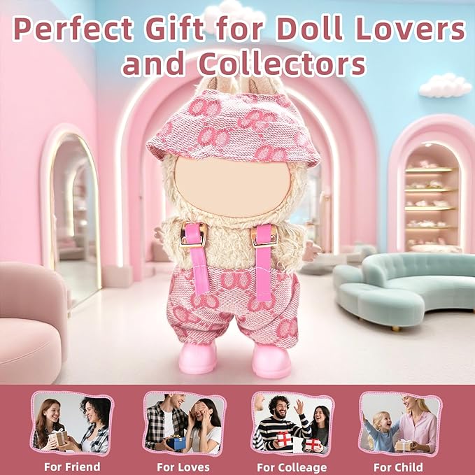 17cm Doll Clothes Set-Adorable Outfits for Dolls-Stylish Accessaries Clothes Dress-Up-Replaceable Clothing Collections, Includes—Chic Hat + Jumpsuit + Shoes (Style D)