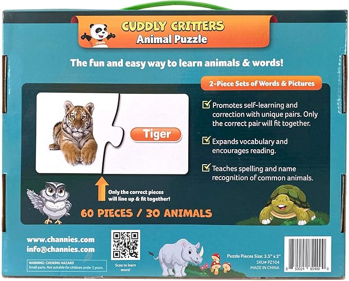 Channie's Cuddly Critters Animal Puzzle - Fun and Educational Preschool Game for Kids Ages 4-8, Toddler Toy with Farm and Dinosaur Theme, Jigsaw Activity Puzzles for Name Recognition and Spelling