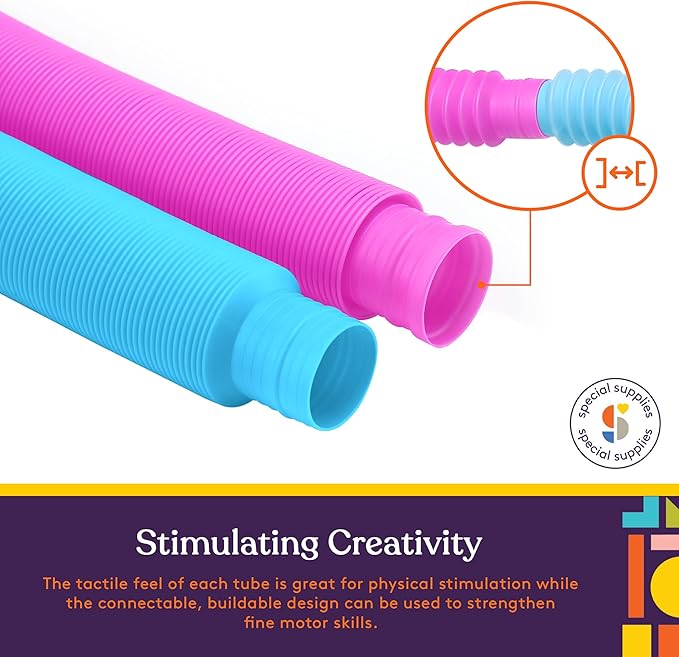Special Supplies Fun Pull and Stretch Tubes for Kids - Pop, Bend, Build, and Connect Toy, Provide Tactile and Auditory Sensory Play, Colorful, Heavy-Duty Plastic (16-Pack Primary Colors)