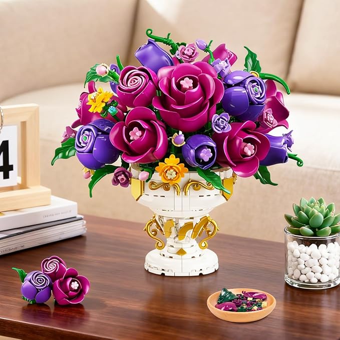 Purple Rose Flower Building Set with Vase, 969 PCS Botanicals Flowers Bouquet Building Block Kit, 18 Rose Bonsai Plant Collection Home Decor, Birthday Gift for Adults Women Boys Girls 12+