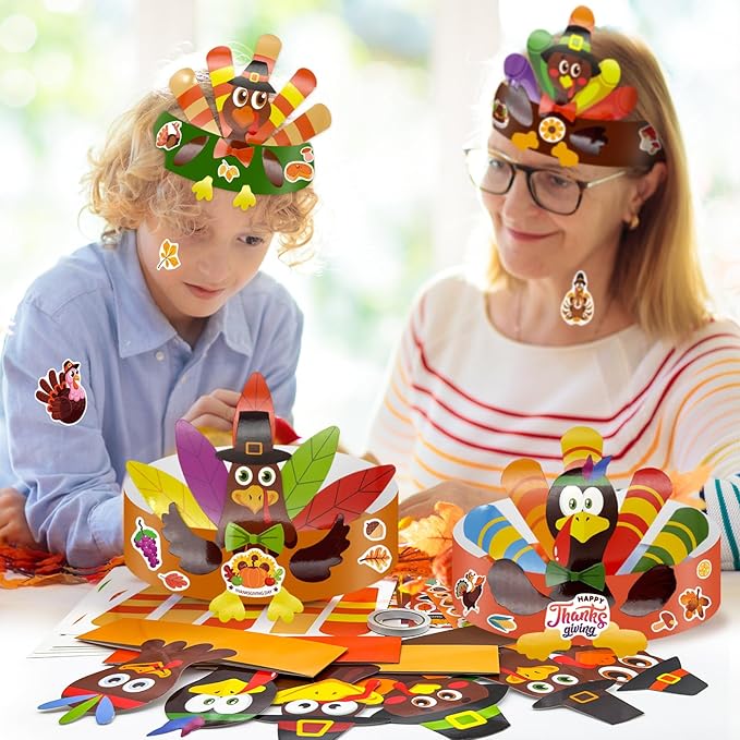 Cinrobiye 24 Set Spring Insect Paper Crown Craft Kit DIY Bug Headbands Hat Craft Summer Springtime Party Favor Supplies for School Home Animal Fun Activity Birthday Party Art Supplies (Thanksgiving)