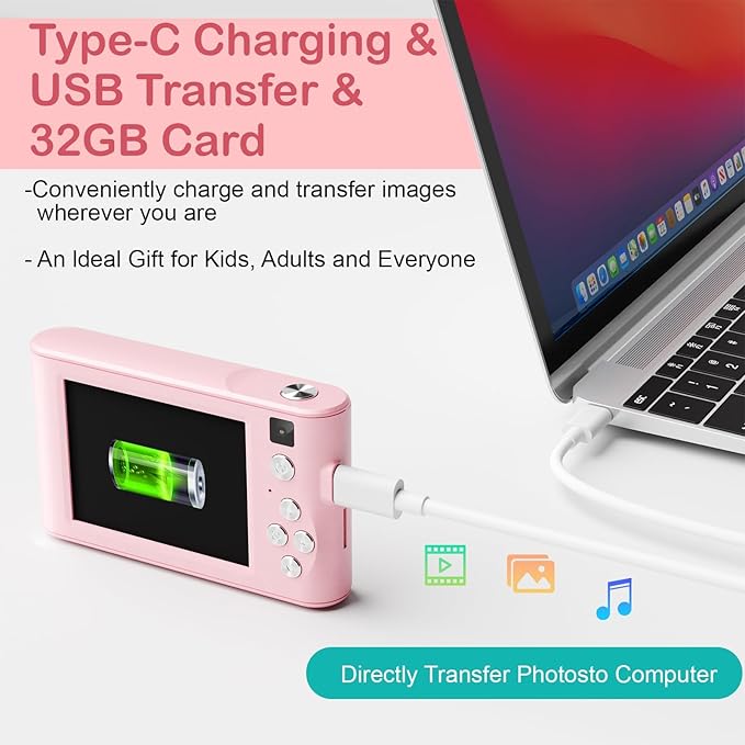 Upgrade Kids Digital Camera, Christmas Birthday Gifts for Girls Age 3-12, HD Digital Selfie Video Cameras for Toddler, Portable Toy for 3 4 5 6 7 8 9 10 Year Old Girl with 32GB SD Card-Pink
