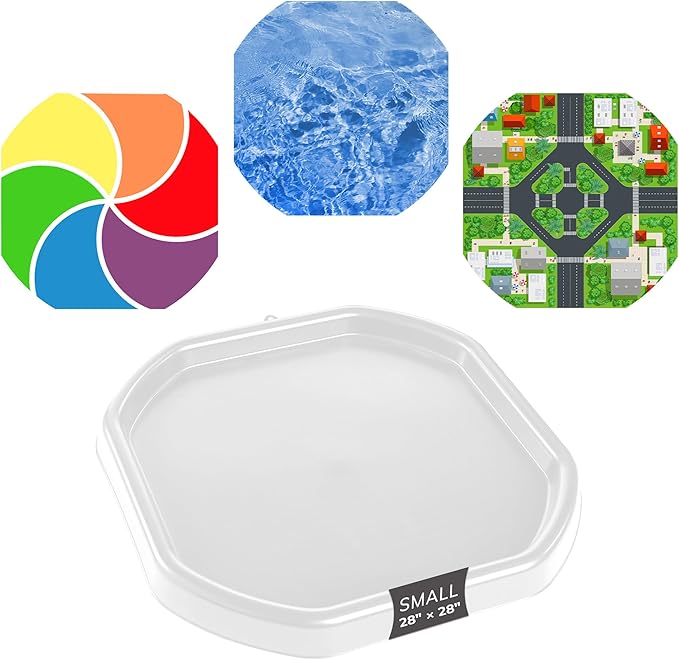 MEKA Tuff Tray with 3 Play Mats, Sensory for Kids Road, Water, Color Themes, Indoor Outdoor Use, Home or Classroom (White, Small 28" x 28")