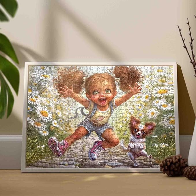 Tucocoo Cute Cartoon Girl Puzzle for Adults 1000 Piece, Puppy Running in Daisy Field, Whimsical Fantasy Art Jigsaw, Fun and Challenging Puzzles Gift for Women and Puzzle Enthusiasts, Home Wall Decor