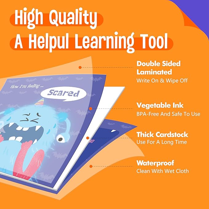 Emotions Flip Chart, 25 Different Feelings with Coping Skills-Learn to Identify Various Moods, Cartoon Faces Emotions for Kids with Autism, ADHD-Emotion Flipbook for Therapy, Home Use (Monsters Ver.)