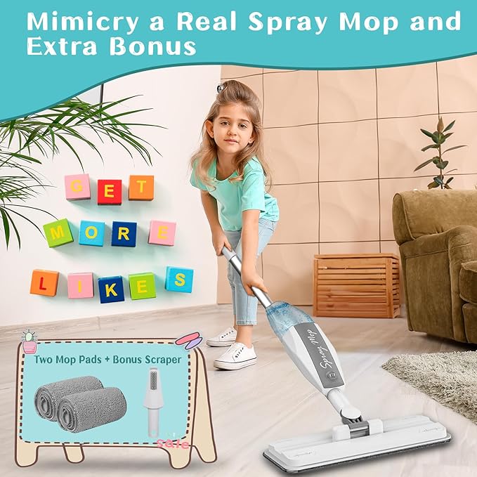 Toddler Cleaning Set That Really Works - Kids Spray Mop - Toddler-Size Small Mop with Real Squeeze Water Sprayer, Detachable Kids Mops, Interactive Cleaning Toys Gift for Boys & Girls