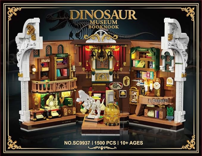 Dinosaur Museum Book Nook Building Set with Lights, DIY Booknook Building Block Toy for Bookshelf Home Decor, 1500 PCS Miniature House Model Building Brick Kit for Adults Teens Boys Girls 12+