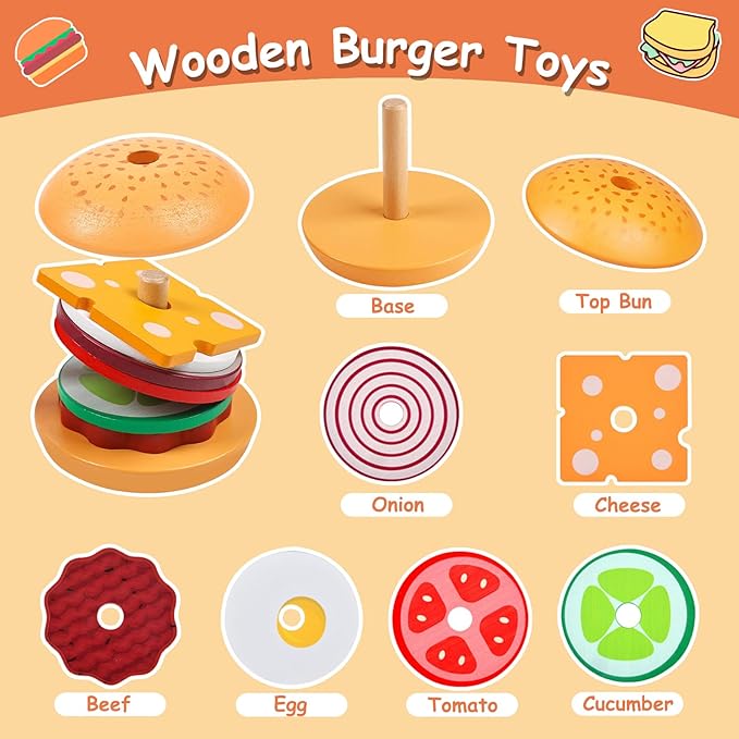 Wooden Burger Toys Montessori Toys for Toddlers Preschool Education Activity Board Game Early-Education Matching Speed Race Pretend Toy Food Back to School (Burger)