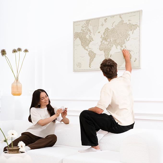 Canvas World Map with Cork Pin Board - English Lettering - Decorative Wall Decoration for All Rooms - Canvas Pictures with World Map Motif (70x50 cm, Pattern 9)