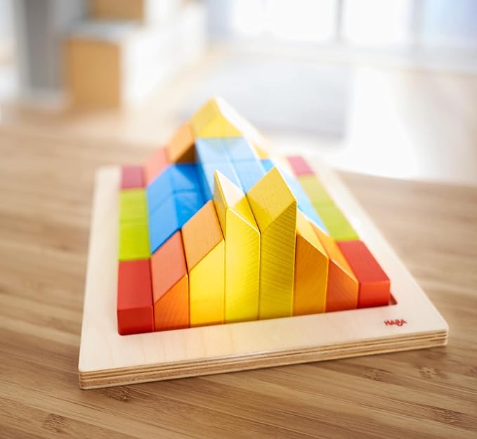 HABA 3D Arranging Game – Creative Stones Wooden Building Blocks & Stacking Toy for Toddlers – Wooden Montessori Toy with Geometric Shapes & Pattern Cards, Made in Germany